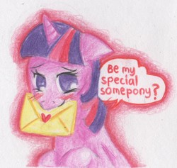 Size: 993x943 | Tagged: safe, artist:nabirar, twilight sparkle, g4, female, letter, mouth hold, solo, traditional art