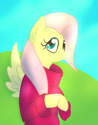 Size: 902x1150 | Tagged: safe, artist:my-little-brony, fluttershy, anthro, g4, clothes, female, hooves together, solo, sweater, sweatershy