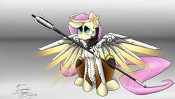 Size: 1191x670 | Tagged: safe, fluttershy, g4, crossover, female, gradient background, looking up, mercy, mercyshy, overwatch, sitting, solo, spread wings