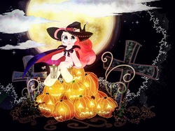 Size: 2047x1535 | Tagged: safe, artist:jawlo, pinkie pie, pumpkin cake, semi-anthro, g4, cape, clothes, cross, female, halloween, hat, jack-o-lantern, lantern, moon, pumpkin, sitting, solo