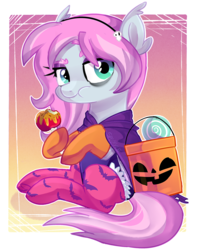 Size: 1600x2025 | Tagged: safe, artist:spookyle, oc, oc only, oc:graffiti heart, pegasus, pony, apple, bags under eyes, candy apple, clothes, costume, eating, food, hoof hold, nightmare night costume, pumpkin bucket, solo
