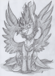 Size: 2223x3078 | Tagged: safe, artist:stormblaze-pegasus, sci-twi, twilight sparkle, equestria girls, g4, my little pony equestria girls: friendship games, clothes, equestria girls ponified, female, high res, midnight sparkle, monochrome, ponified, signature, sitting, smiling, solo, spread wings, traditional art