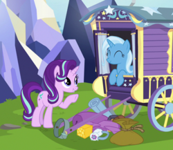 Size: 780x677 | Tagged: safe, screencap, starlight glimmer, trixie, pony, unicorn, g4, to where and back again, cropped, cute, diatrixes, duo, eyes closed, female, happy, mare, raised hoof, trixie's wagon