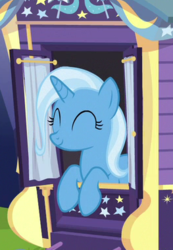 Size: 263x380 | Tagged: safe, screencap, trixie, pony, unicorn, g4, season 6, to where and back again, cropped, cute, diatrixes, eyes closed, female, leaning, mare, smiling, solo, trixie's wagon