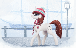 Size: 2500x1600 | Tagged: safe, artist:mrscroup, oc, oc only, oc:flake, beanie, clothes, hat, scarf, scenery, snow, snowfall, solo, walking