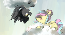Size: 2016x1080 | Tagged: safe, artist:tamyarts, oc, oc only, pegasus, pony, cloud, tongue out, upside down