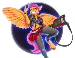 Size: 1600x1237 | Tagged: safe, artist:hobbsmeerkat, scootaloo, anthro, unguligrade anthro, g4, abs, belly button, clothes, ear piercing, electric guitar, female, grin, guitar, jacket, midriff, miniskirt, musical instrument, pants, piercing, pleated skirt, punk, shirt, skirt, skirt lift, skirtaloo, smiling, solo, spread wings, suspenders