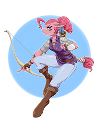 Size: 1280x1656 | Tagged: safe, artist:hobbsmeerkat, pinkie pie, earth pony, anthro, unguligrade anthro, g4, armor, arrow, boots, bow (weapon), chainmail, female, quiver, ranger, solo, tail wrap, weapon