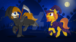 Size: 1024x569 | Tagged: safe, artist:soulfulmirror, oc, oc only, oc:honey ella, oc:romance heart, earth pony, pegasus, pony, clothes, costume, deviantart watermark, duo, grim reaper, hat, moon, night, nightmare night, nightmare night costume, obtrusive watermark, romella, scythe, watermark, witch, witch hat
