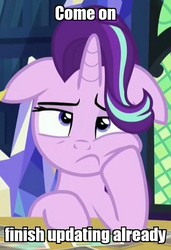 Size: 502x734 | Tagged: safe, edit, edited screencap, screencap, starlight glimmer, every little thing she does, g4, bored, cropped, female, floppy ears, frown, image macro, meme, solo, squishy cheeks
