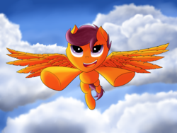 Size: 4000x3000 | Tagged: safe, artist:kickassking, scootaloo, pegasus, pony, g4, cloud, cloudy, female, flying, happy, scootaloo can fly, smiling, solo
