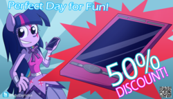 Size: 2000x1152 | Tagged: safe, artist:fj-c, twilight sparkle, equestria girls, g4, my little pony equestria girls: rainbow rocks, perfect day for fun, advertisement, cellphone, discount, female, phone, ponied up, pony ears, smartphone, solo