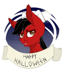 Size: 1800x2000 | Tagged: safe, artist:flita, oc, oc only, pony, vampire, big ears, bow, commission, cute, hair bow, halloween, smiling, smirk, solo, ych result