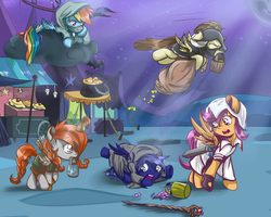 Size: 2500x2000 | Tagged: safe, artist:redheadfly, pound cake, rainbow dash, scootaloo, oc, oc:blazing sky, oc:lucky fly, pegasus, pony, dungeons and discords, g4, armor, assassin's creed, bag, clothes, cloud, costume, flying, food, high res, mouth hold, nightmare night, nightmare night costume, older, pie, rainbow rogue