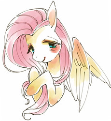 Size: 589x639 | Tagged: safe, artist:pasikon, fluttershy, pegasus, pony, g4, aside glance, blushing, bust, cute, female, looking at you, mare, portrait, raised hoof, raised hooves, shyabetes, simple background, smiling, solo, three quarter view, white background, wings