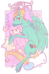 Size: 536x807 | Tagged: safe, artist:pasikon, zephyr breeze, pegasus, pony, g4, bed, cute, looking at you, male, pillow, pixiv, plushie, solo, stallion, stars, teddy bear, zephyrbetes