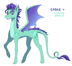 Size: 1666x1535 | Tagged: safe, artist:pikokko, oc, oc only, oc:swift wing, dracony, hybrid, cloven hooves, crack shipping, interspecies offspring, male, offspring, parent:princess ember, parent:zephyr breeze, pony hybrid, solo