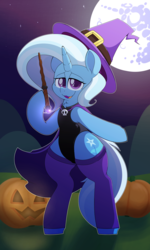 Size: 3000x5000 | Tagged: safe, artist:quarantinedchaoz, trixie, pony, unicorn, semi-anthro, g4, cape, clothes, female, halloween, hat, holiday, hoof hold, jack-o-lantern, leotard, mare in the moon, moon, nightmare night, pumpkin, socks, solo, thigh highs, wand, witch, witch hat