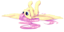 Size: 2200x1100 | Tagged: safe, artist:peachmayflower, fluttershy, pegasus, pony, g4, blushing, cute, female, floppy ears, legs in air, mare, on back, shyabetes, simple background, smiling, solo, spread wings, white background