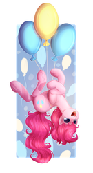 Size: 1400x2600 | Tagged: safe, artist:peachmayflower, pinkie pie, g4, balloon, cute, diapinkes, female, flying, open mouth, smiling, solo, then watch her balloons lift her up to the sky, underhoof, upside down