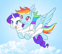 Size: 1000x872 | Tagged: safe, artist:dstears, color edit, edit, rainbow dash, rarity, pegasus, pony, unicorn, g4, carrying, cloud, colored, cute, dashabetes, female, flying, lesbian, mare, open mouth, raribetes, ship:raridash, shipping, sky, smiling