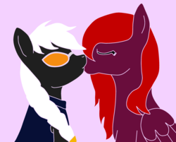 Size: 2378x1914 | Tagged: safe, artist:fluidty, oc, oc only, oc:nameless rhyme, oc:scarlet paper, earth pony, pegasus, pony, eyes closed, female, kissing, lesbian, mare, oc x oc, shipping, sunglasses, transgender