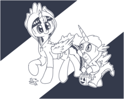 Size: 750x600 | Tagged: safe, artist:malwinters, spike, twilight sparkle, alicorn, pony, g4, clothes, costume, hoodie, monochrome, nightmare night, twilight sparkle (alicorn)