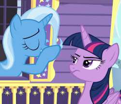 Size: 629x540 | Tagged: safe, screencap, trixie, twilight sparkle, alicorn, pony, unicorn, g4, to where and back again, animated, blinking, boop, eyes closed, female, frown, gif, glare, loop, mare, non-consensual booping, nose wrinkle, open mouth, smiling, talking, twilight sparkle (alicorn), wide eyes