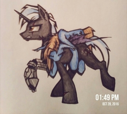 Size: 606x543 | Tagged: safe, artist:absentia, oc, oc only, oc:absentia crash, oc:red peacemaker, bat pony, pony, amputee, carrying, duo, prosthetic limb, prosthetics, scar, sleeping, traditional art