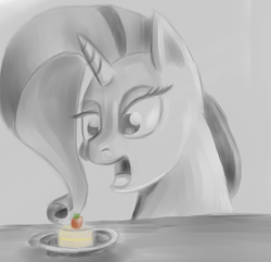 Size: 1280x1232 | Tagged: safe, artist:itsthinking, rarity, g4, bust, cake, female, food, monochrome, portrait, rarity looking at food, solo