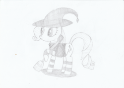 Size: 1591x1125 | Tagged: safe, artist:nori, artist:norijaeger, rarity, g4, broom, clothes, female, halloween, hat, monochrome, nightmare night, pencil drawing, socks, solo, striped socks, traditional art, witch, witch hat