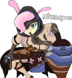 Size: 2894x3152 | Tagged: safe, artist:missmayaleanne, part of a set, fluttershy, equestria girls, g4, ana amari, badass, bunny ears, clothes, crossover, female, flutterbadass, gun, high res, looking at you, overwatch, shhh, simple background, solo, transparent background, weapon