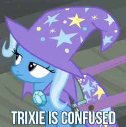 Size: 341x344 | Tagged: safe, edit, edited screencap, screencap, trixie, pony, unicorn, g4, to where and back again, animated, blinking, cape, caption, clothes, confused, female, frown, gif, hat, head tilt, reaction image, solo, trixie's cape, trixie's hat, wide eyes