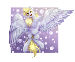 Size: 2400x2000 | Tagged: safe, artist:peachmayflower, derpy hooves, pegasus, pony, g4, bubble, female, flying, high res, mare, solo, underhoof