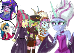 Size: 2062x1456 | Tagged: safe, artist:kul, chief thunderhooves, indigo zap, lemon zest, sci-twi, sour sweet, star swirl the bearded, sugarcoat, sunny flare, twilight sparkle, bison, buffalo, human, equestria girls, g4, angry, ashamed, clothes, costume, crying, crystal prep shadowbolts, do not want, dress, equal cutie mark, equal sign, eyepatch, facepalm, glasses, halloween, halloween costume, hook, irony, midnight sparkle, native american, nightmare night, pirate, ptsd, sci-twi's nightmare, shadow five, shame, shrug, simple background, sketch, star swirl the bearded costume, too soon, traumatized, weapon, white background