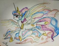 Size: 1080x847 | Tagged: safe, artist:sara richard, princess celestia, g4, female, flying, solo, traditional art, watercolor painting