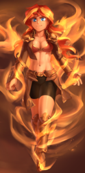 Size: 489x989 | Tagged: safe, artist:audrarius, sunset shimmer, human, equestria girls, g4, armor, badass, belly button, blue eyes, boots, bracer, breasts, cleavage, clothes, compression shorts, confident, ear piercing, earring, female, fiery shimmer, fire, glare, humanized, jewelry, looking at you, magic, midriff, piercing, pyrokinesis, shorts, smiling, smiling at you, smirk, solo, thighs, unconvincing armor