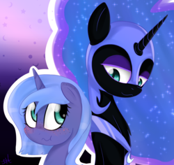 Size: 1144x1082 | Tagged: safe, artist:jonathan the awesome, derpibooru exclusive, nightmare moon, princess luna, g4, :t, blushing, duality, duo, filly, freckles, lidded eyes, looking at each other, scrunchy face, smiling, woona, younger