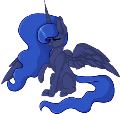 Size: 855x805 | Tagged: safe, artist:tamashia, princess luna, pony, g4, eyes closed, female, missing cutie mark, simple background, sitting, solo, spread wings, transparent background