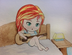Size: 1019x775 | Tagged: safe, artist:jay156, sunset shimmer, equestria girls, g4, barefoot, bed, bedroom, chibi, clothes, cute, feet, female, guitar, legs, musical instrument, shorts, solo, sunset shredder, traditional art