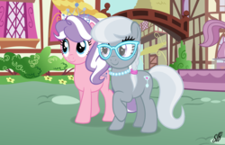 Size: 2737x1760 | Tagged: safe, artist:slb94, artist:vector-brony, diamond tiara, silver spoon, g4, alternate hairstyle, older, older diamond tiara, older silver spoon, ponyville, walking