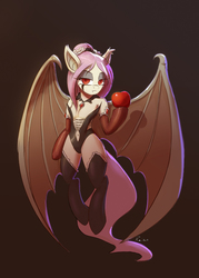 Size: 750x1050 | Tagged: safe, artist:grissaecrim, fluttershy, bat pony, succubus, semi-anthro, bats!, g4, alternate hairstyle, apple, arm hooves, bedroom eyes, bipedal, breasts, castlevania, castlevania: symphony of the night, clothes, cosplay, costume, crossover, delicious flat chest, eyeshadow, fangs, female, flattershy, floating, flutterbat, food, hoof hold, konami, looking at you, makeup, pecs, race swap, solo, stockings, thigh highs