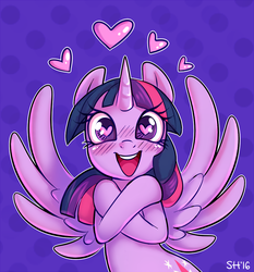 Size: 803x863 | Tagged: safe, artist:sorcerushorserus, twilight sparkle, alicorn, pony, g4, adorkable, bipedal, blushing, cute, dork, female, happy, heart, heart eyes, horn, hug, looking at you, open mouth, purple background, self-hugging, simple background, smiling, solo, spread wings, sweet dreams fuel, twiabetes, twilight sparkle (alicorn), wingding eyes, wings