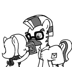 Size: 640x600 | Tagged: safe, artist:ficficponyfic, oc, oc only, oc:emerald jewel, earth pony, pony, zebra, colt quest, adult, bandana, book, clothes, colt, cyoa, foal, glasses, lab coat, male, monochrome, pocket, reading, spellbook, stallion, story included