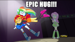 Size: 1366x768 | Tagged: safe, screencap, fluttershy, rainbow dash, sunset shimmer, equestria girls, g4, clothes, discovery family logo, female, meme, skirt, tackle