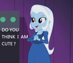 Size: 822x714 | Tagged: safe, edit, edited screencap, screencap, trixie, equestria girls, g4, my little pony equestria girls: rainbow rocks, bronybait, clothes, cute, dialogue, diatrixes, dress, female, question, solo