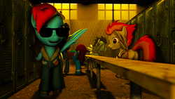 Size: 7168x4032 | Tagged: safe, artist:koni126, rainbow dash, soarin', spitfire, pony, g4, 3d, absurd resolution, locker room, source filmmaker, sunglasses, wonderbolts