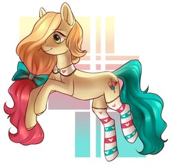 Size: 1121x1080 | Tagged: safe, artist:aphphphphp, oc, oc only, earth pony, pony, bow, clothes, collar, hair bow, hair over one eye, long mane, raised leg, rearing, smiling, socks, solo, striped socks