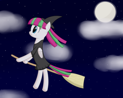 Size: 3000x2400 | Tagged: safe, artist:joey, blossomforth, g4, broom, clothes, cloud, dress, female, flying, flying broomstick, full moon, hat, high res, moon, night, night sky, nightmare night, smiling, solo, stars, witch, witch hat