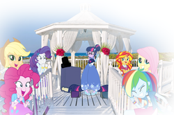 Size: 800x531 | Tagged: dead source, safe, artist:wubcakeva, applejack, fluttershy, pinkie pie, rainbow dash, rarity, sci-twi, sunset shimmer, twilight sparkle, equestria girls, g4, bibliophile, book, cargo ship, female, humane five, humane seven, humane six, marriage, ship:twibook, shipping, that pony sure does love books, wat, wedding